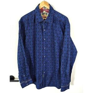 Robert Graham Silk Blend Woven Geometric Blue Shirt Mens Size XL